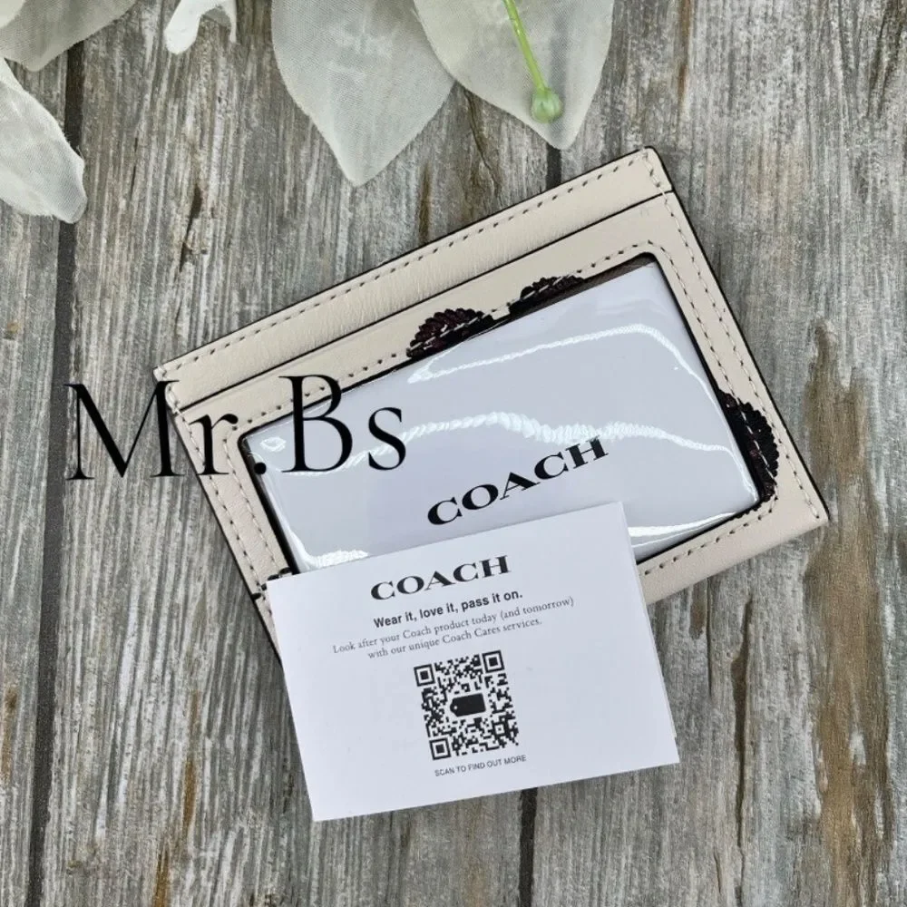 Coach Slim Id Card Case With Black Cherry Glittter Print Bag Wallet Purse